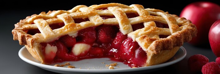 A pie with a slice missing is on a plate next to a red apple. The pie is a delicious dessert that is perfect for sharing with friends and family