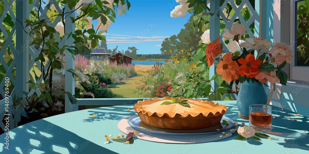 Poster a pie is on a table in front of a house with a garden. a vase of flowers is on the table as well