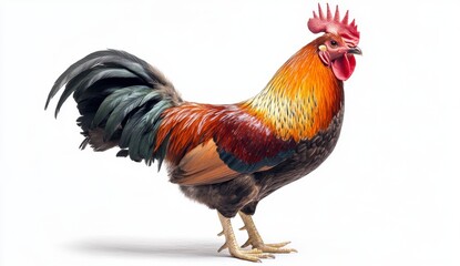 Fototapeta premium Colorful Rooster Strutting Proudly on a White Background