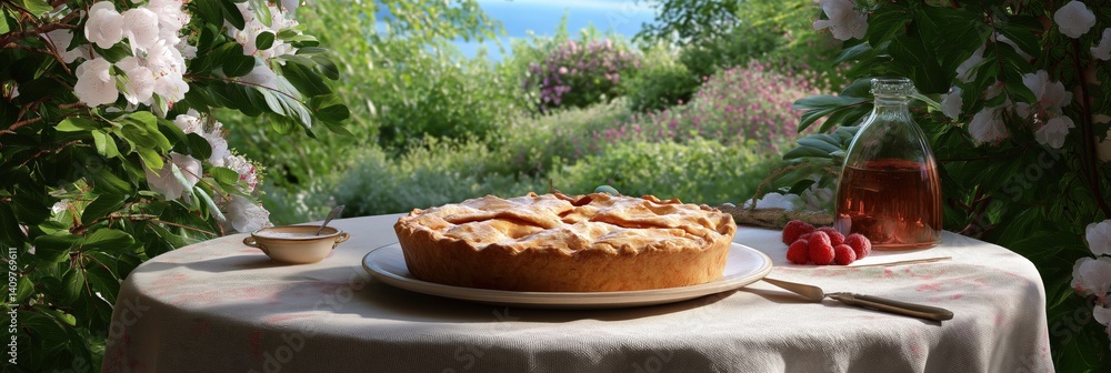 Poster a table with a pie and a bottle of wine. the pie is cut into slices and is placed on a plate. the ta