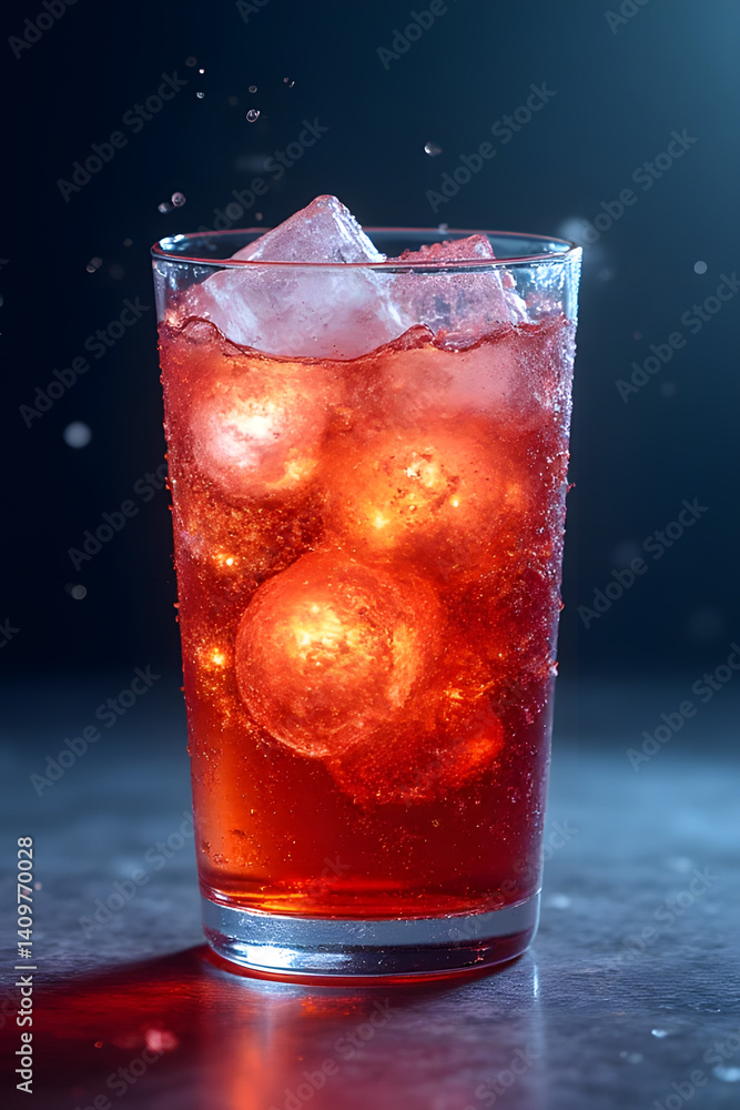 Poster vibrant refreshment: an inviting close-up shot showcases a refreshing drink with ice cubes, capturin
