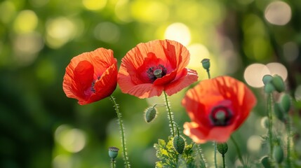 Vibrant Red Poppies Blooming in a Green Garden Background