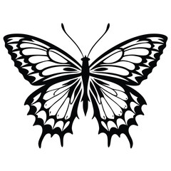Butterfly Silhouette Detailed Wing Patterns, Monochrome Design, Isolated on White