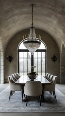 Fototapeta premium Elegant dining room with high ceiling and classic chandelier