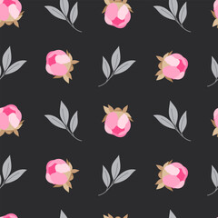 Pattern with flowers and leaves on a dark background. Printing on textiles, clothes and wrapping paper.