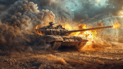 Battle tank firing in dramatic combat scene with explosive flames and billowing smoke. Military vehicle advances through dusty battlefield terrain under stormy skies, capturing the intensity and chaos