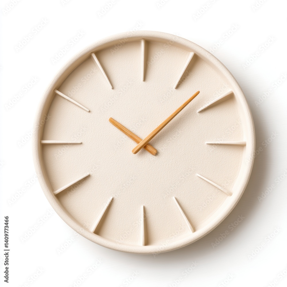 Poster a minimalist clock design featuring a beige face and simple hour markers, with a contrasting golden 