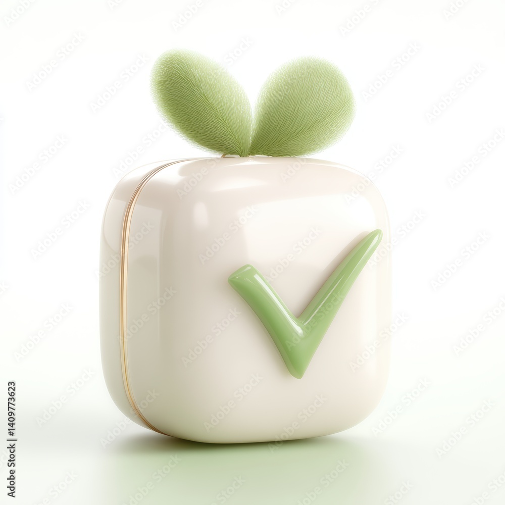Poster a stylized container with a green checkmark and soft green leaves, symbolizing approval and growth i