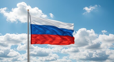 Majestic Russian Flag billowing in the Wind Against a Blue Sky with Fluffy Clouds