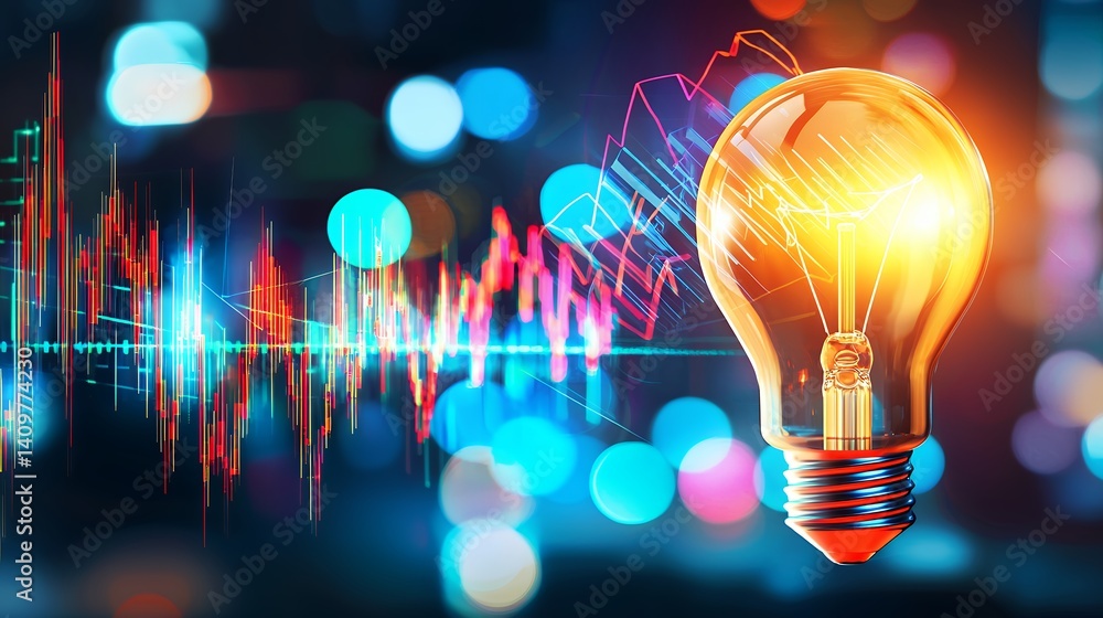 Poster illuminated light bulb overlaid on financial graph with bokeh background