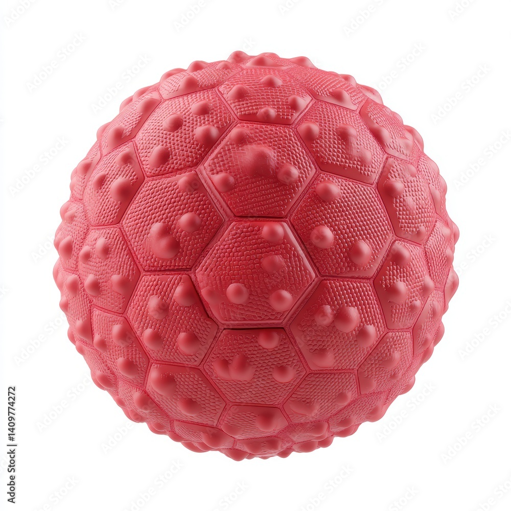 Poster a textured, red spherical object with a hexagonal pattern, resembling a molecule or virus structure.