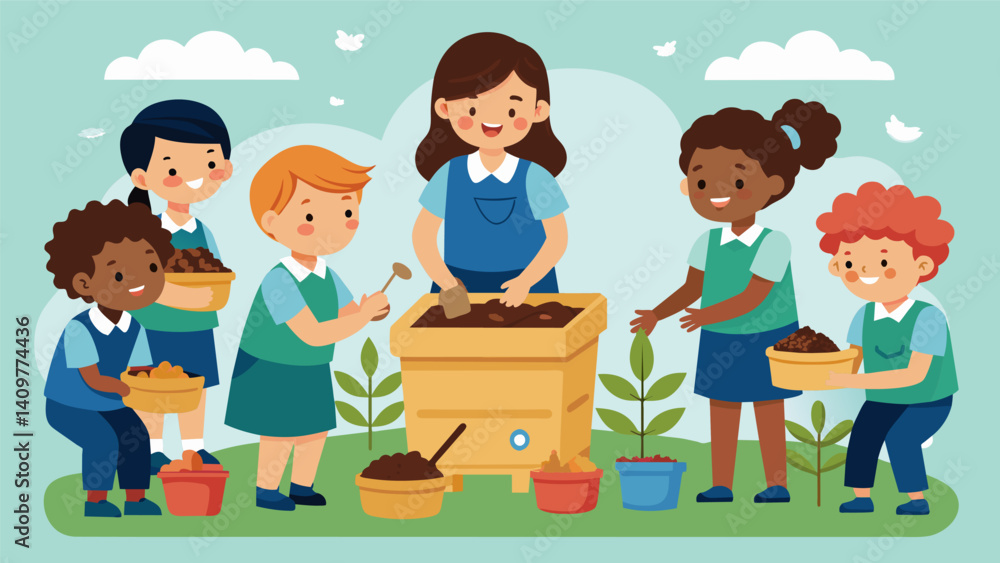 Poster with guidance from their teacher students carefully construct a diy compost bin excited to learn how