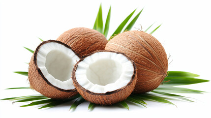 Close up of whole and halved coconuts with green leaves on a white background studio shot