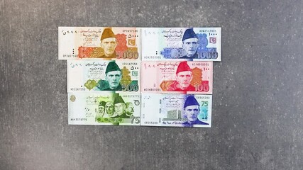 Complete set of Pakistani rupee banknotes. Flat lay display.