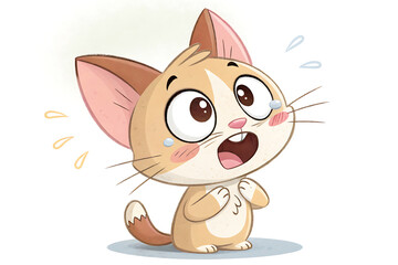 Cute Shocked Cartoon Cat Illustration with Expressive Eyes and Tearful Emotion