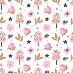 Seamless pattern with sweets, flowers and romantic elements. Print on children's bed linen, clothes and wrapping paper.