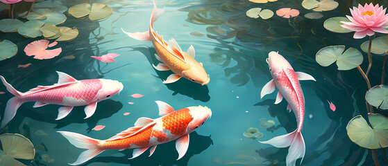 Colorful koi fish swim gracefully in a tranquil pond with lily pads and blossoms during a peaceful afternoon Generative AI