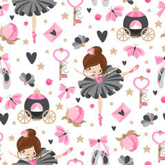 Vector Pattern with cute ballerina and flowers, kids pattern design for girls.