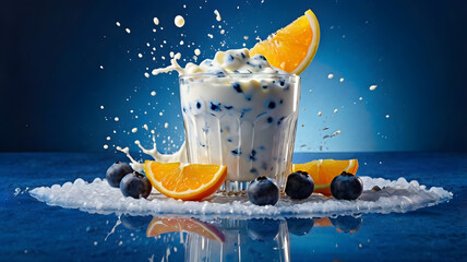  Refreshing Blueberry Treat: A vibrant display of culinary artistry, showcasing a glass of refreshing blueberry delight with splashes of creamy liquid, complemented by slices of juicy orange
