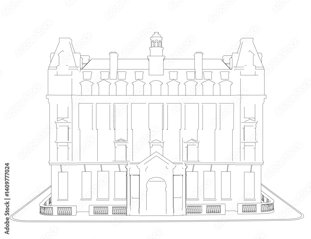 Poster a large building with a tall tower and a small window. the building is white and has a lot of detail