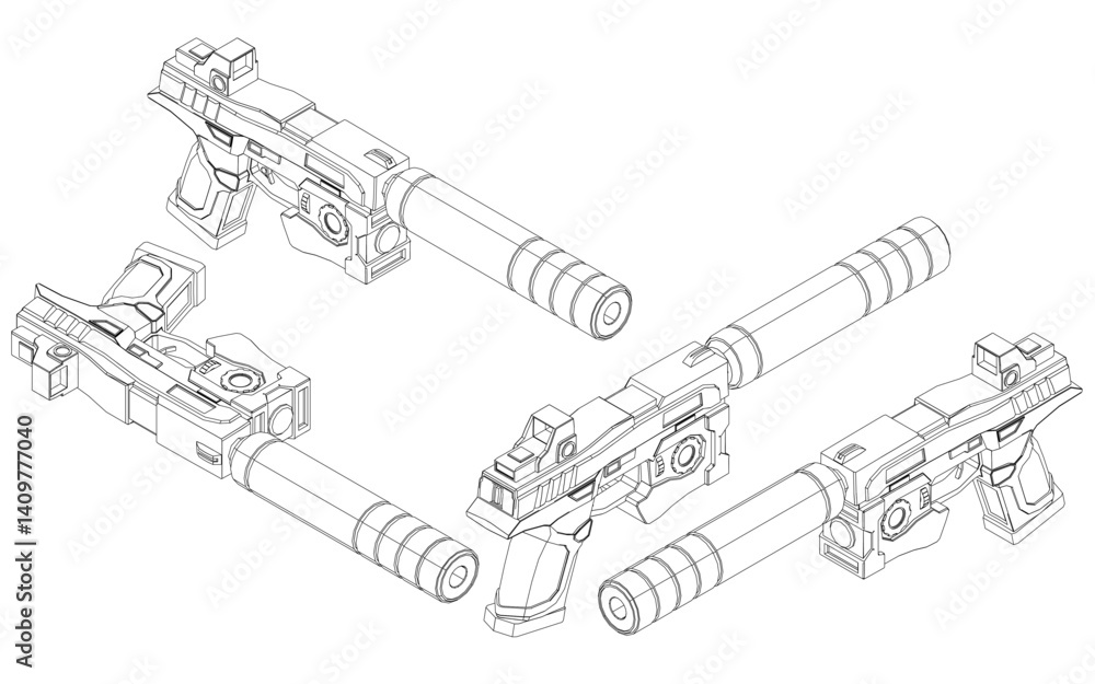 Aufkleber three guns are shown in a black and white drawing. the guns are all the same type and are positioned