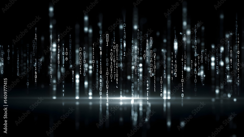 Poster digital deluge shimmering binary code cascade on a reflective surface