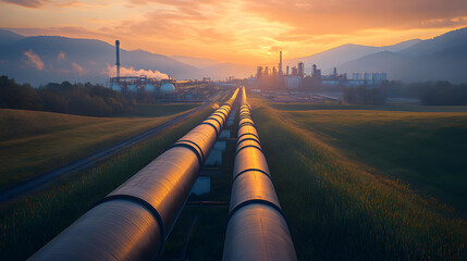 a professional advertising photograph showing a gas industry from a distance, highlighting large infrastructure and pipelines. The image should convey a sense of growth and development, with the indus