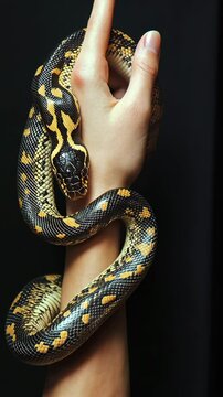 Python snake wraps around a person&rsquo;s hand showcasing its striking patterns and vibrant colors