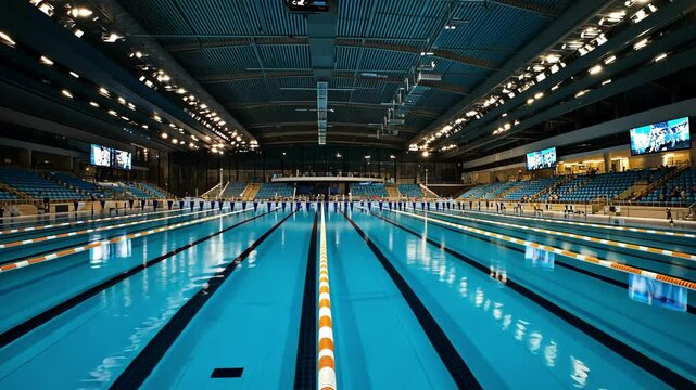 Indoor swimming pool with bright lights and empty lanes ready for competition in modern facility