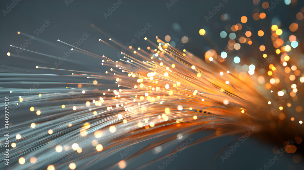 Poster illuminated optical fibers cascading light streams connectivity concept