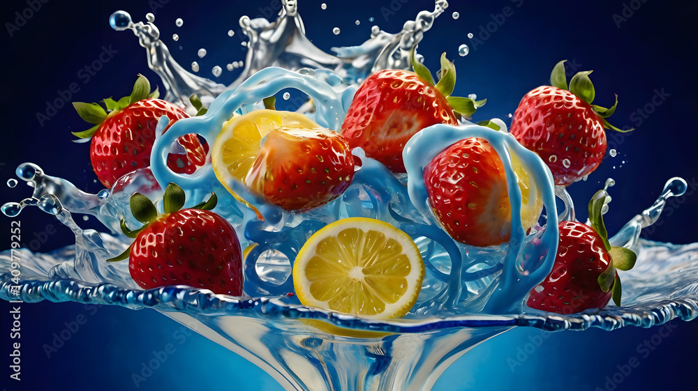 Aufkleber fruity cascade: a vibrant display of ripe strawberries and sliced lemon erupts from a splash of wate
