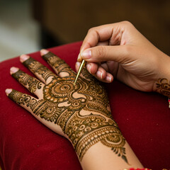 Obraz premium Hand Applying Traditional Indian Mehndi Henna Design on Palm 