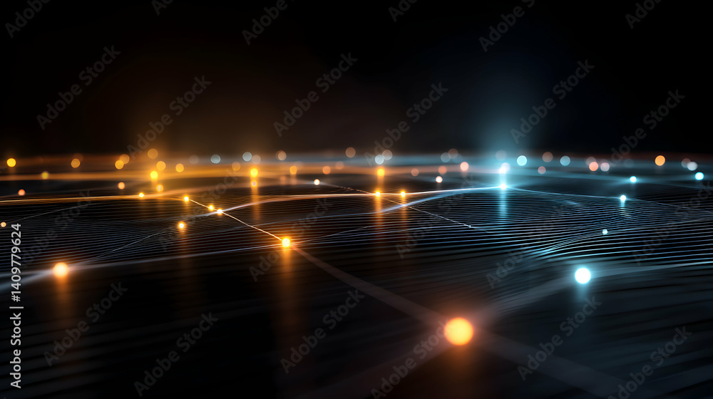 Poster interconnected network with glowing nodes visualizing abstract data flow