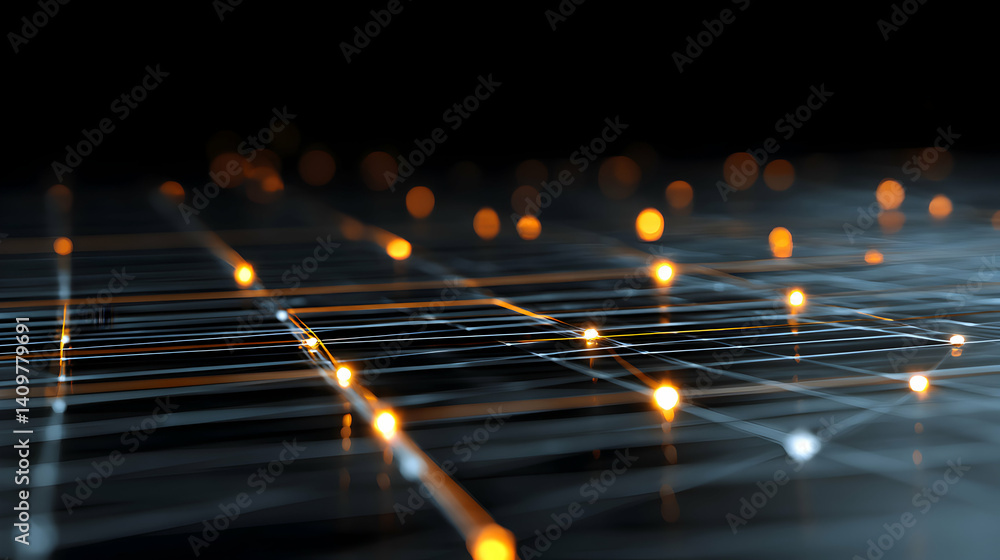 Poster abstract network with glowing nodes connecting digital data streams