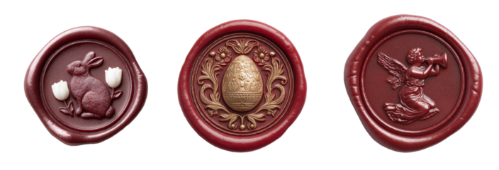 Easter wax sealer with embossing.A set of decorative wax seals in vintage style with the image of the Easter bunny, egg and angel, symbolizing spring and Easter. It is suitable for making postcards, l