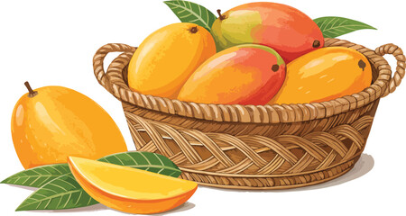 Mango with Mango Slice in wicker basket in isolated background vector design, Mango vector design