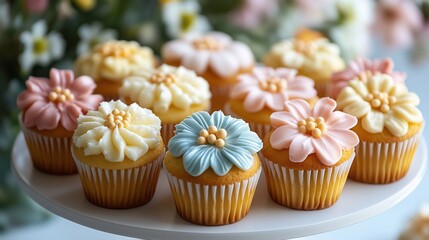 Colorful cupcakes with elegant floral frosting decoration on white stand, soft pastel buttercream flowers for spring or summer celebrations