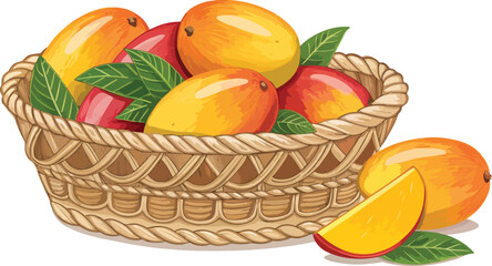 Mango vector design, Mango with Mango Slice in wicker basket in white background vector design