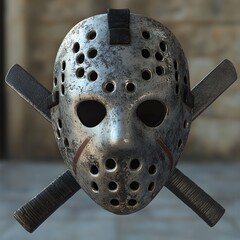 Hockey Mask: A weathered hockey mask with a close-up view, crossed with hockey sticks, set against a rustic, textured backdrop, evoking themes of horror and suspense.