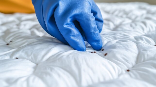 Close up of Gloved Hand Inspecting Bed Bugs on Mattress Pest Control