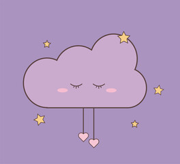 Adorable kawaii-style purple cloud with sleepy eyes
