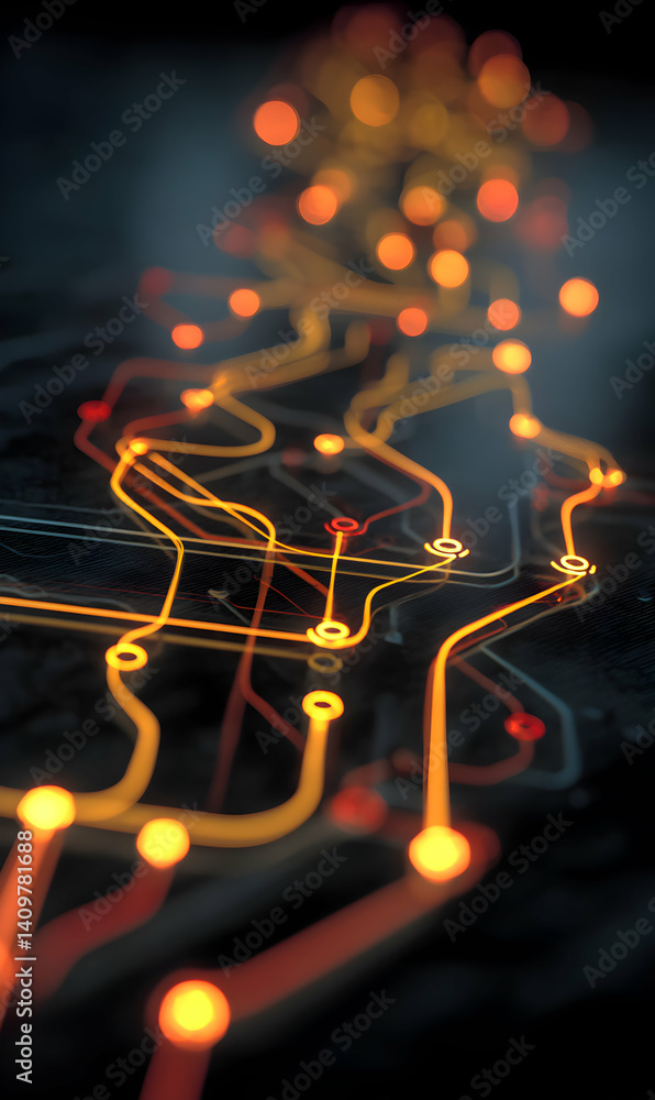 Poster intricate luminous pathways showcasing a digital network visualization in abstract art