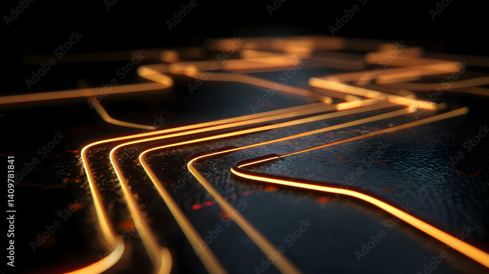 Poster illuminated circuitry paths on a textured dark surface create dynamic design
