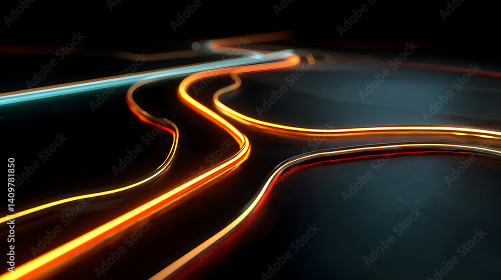 Poster illuminated path network design with digital neon glowing lines, dark backdrop