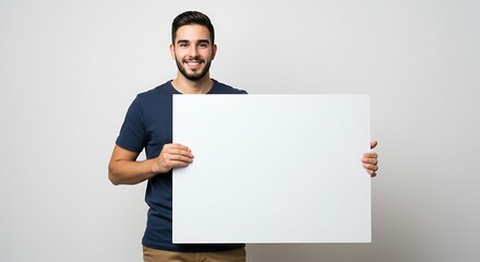 Young man holding blank board for messages on white background