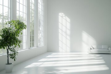 Fototapeta premium Spacious minimalist interior with white sofa and sunlit windows