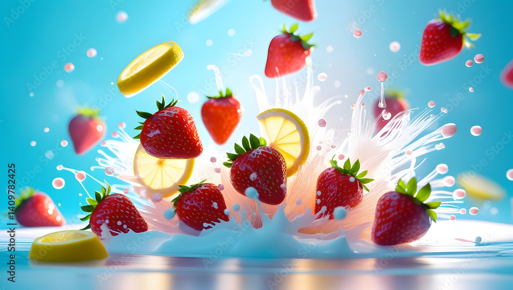 Poster exploding flavor: vivid photo of a strawberry and lemon explosion. capturing the essence of freshnes