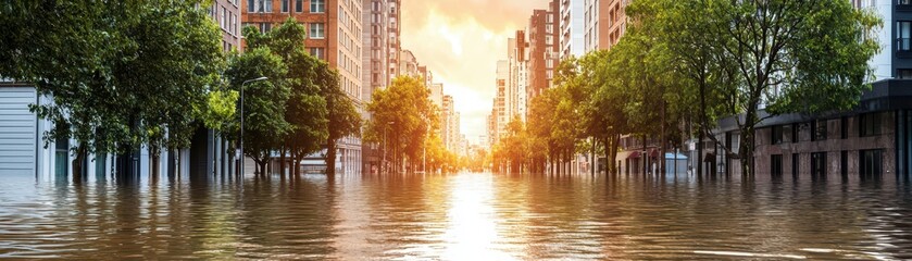 Obraz premium Urban flooding scene with sunset reflection in water