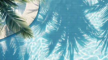 Luxury tropical swimming pool with reflecting palm leaves shadows on white tile and blue water surface, vacation concept