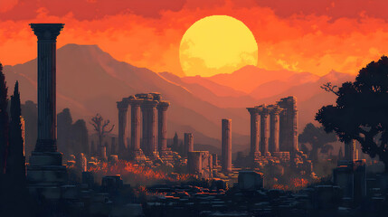 Pixel Art Landscape of Ancient Stone Ruins Under Orange Sunset Sky with Dominant Column and Mountains in Background